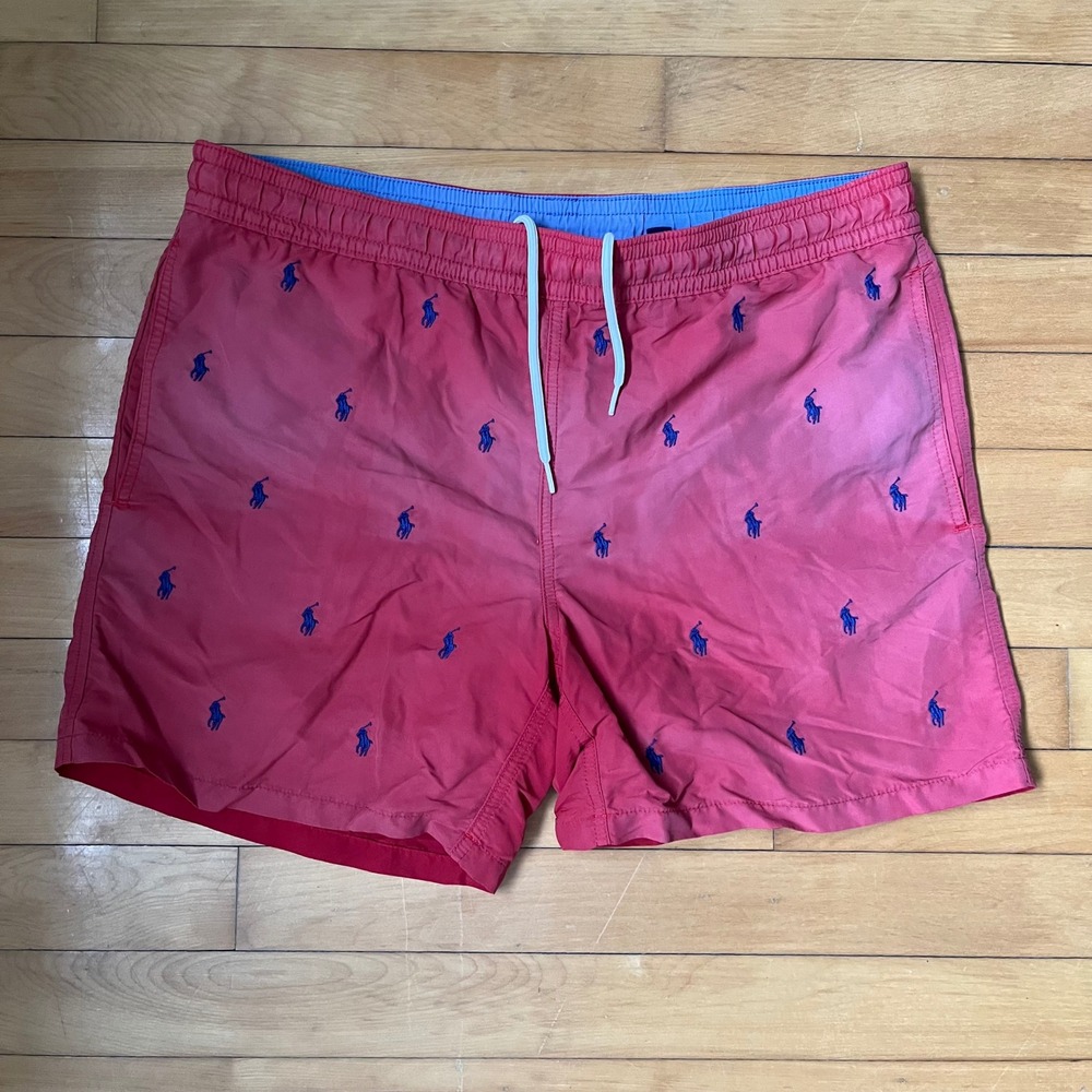 Polo Ralph Lauren Mens Red Blue Pony Logo Swim Trunks Shorts Size Medium